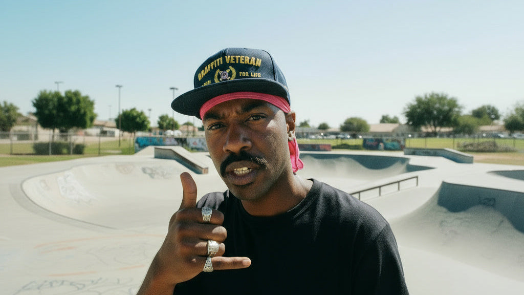Man wearing a cap with text at a skate park